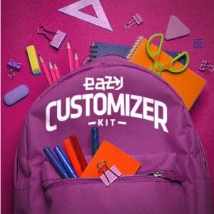 A purple backpack with school supplies on it.